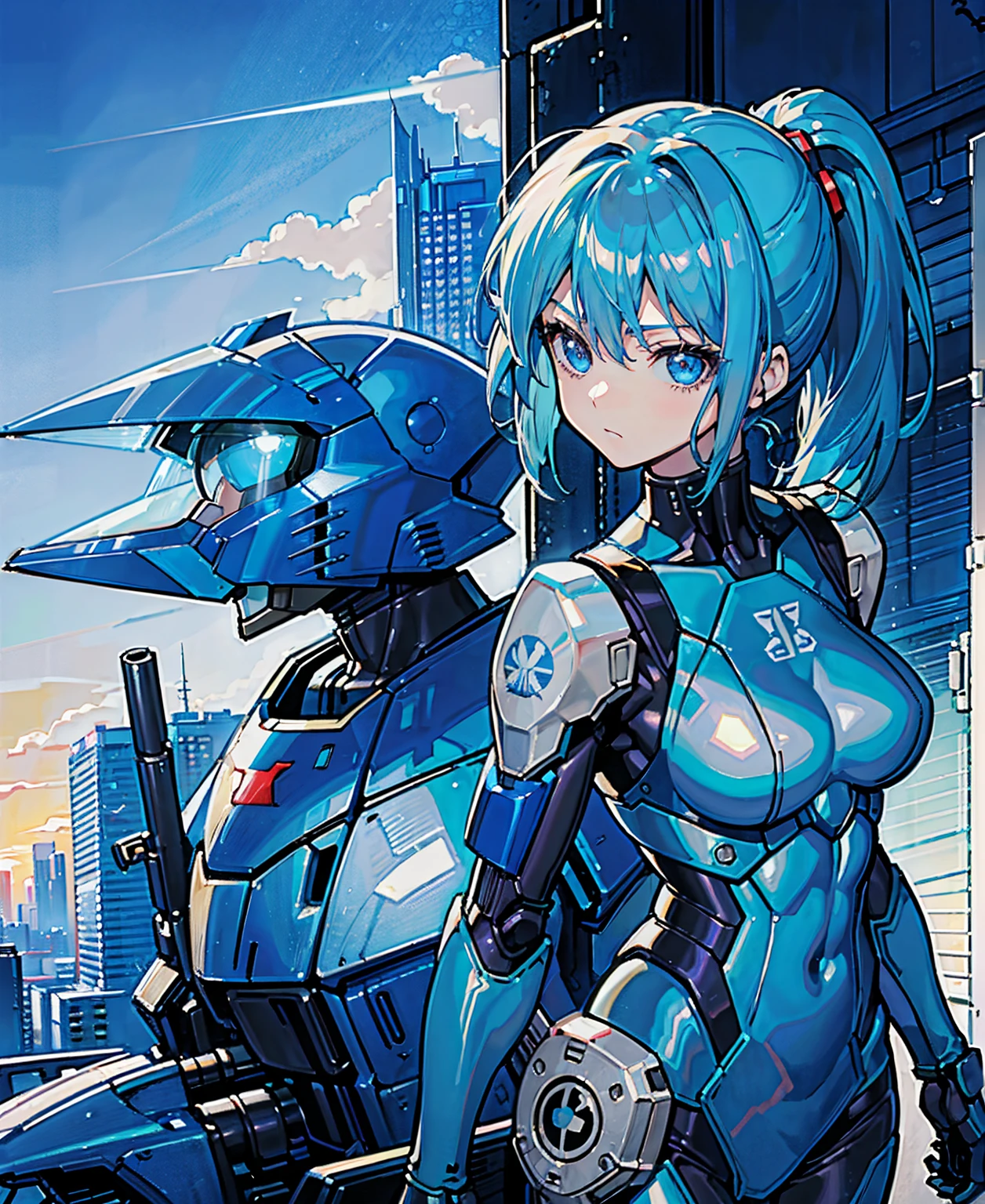 Blue Hair、Masterpiece、Best Quality、1 girl、Medium breast、((Album cover))、Light on Face、Slim Body、Blue Costume、Exoskeleton、metal Gear、Cyberpunk Style、ponytail、The Gundam pilot、attention arousal,Ride a fighter