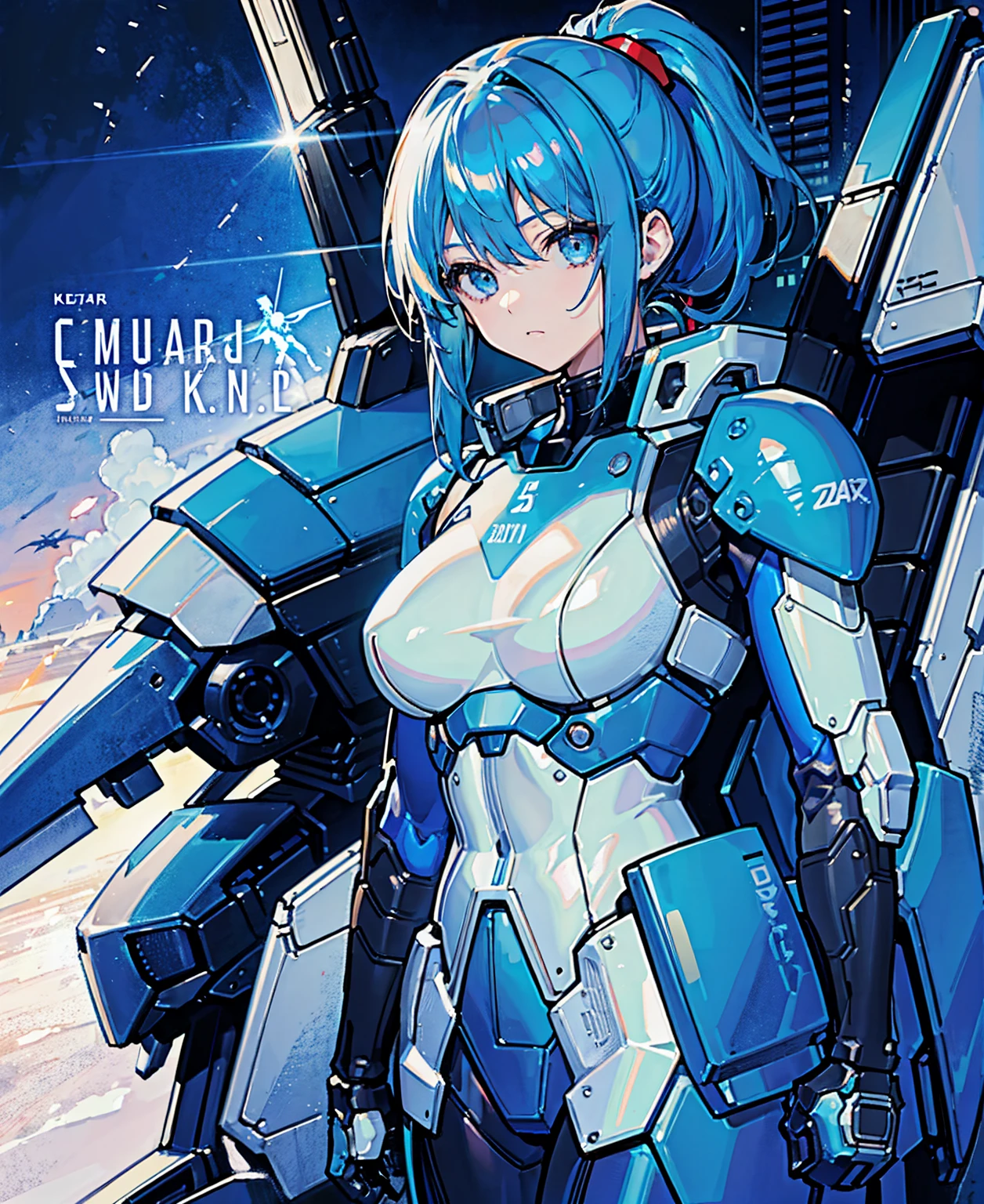 Blue Hair、Masterpiece、Best Quality、1 girl、Medium breast、((Album cover))、Light on Face、Slim Body、Blue Costume、Exoskeleton、metal Gear、Cyberpunk Style、ponytail、The Gundam pilot、attention arousal,Ride a fighter