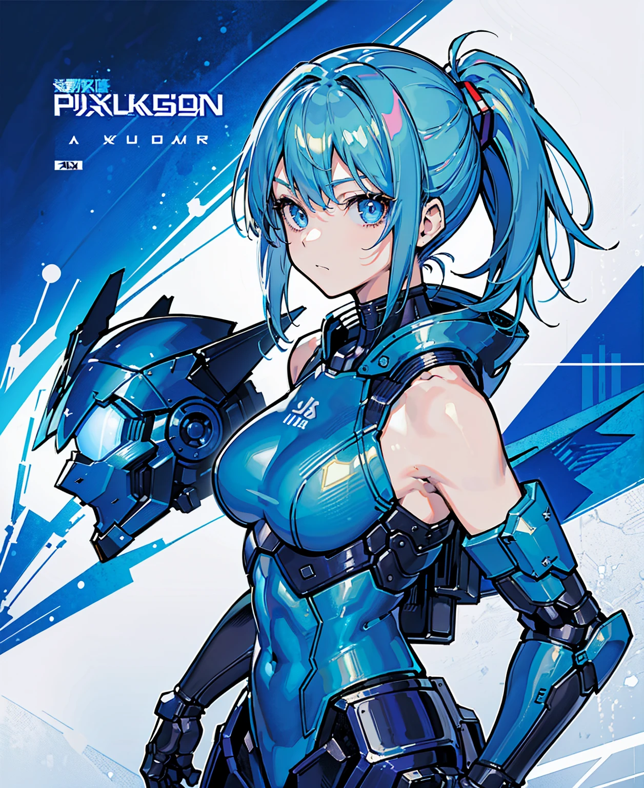 Blue Hair、Masterpiece、Best Quality、1 girl、Medium breast、((Album cover))、Light on Face、Slim Body、Blue Costume、Exoskeleton、metal Gear、Cyberpunk Style、ponytail、The Gundam pilot、attention arousal，Ride a fighter