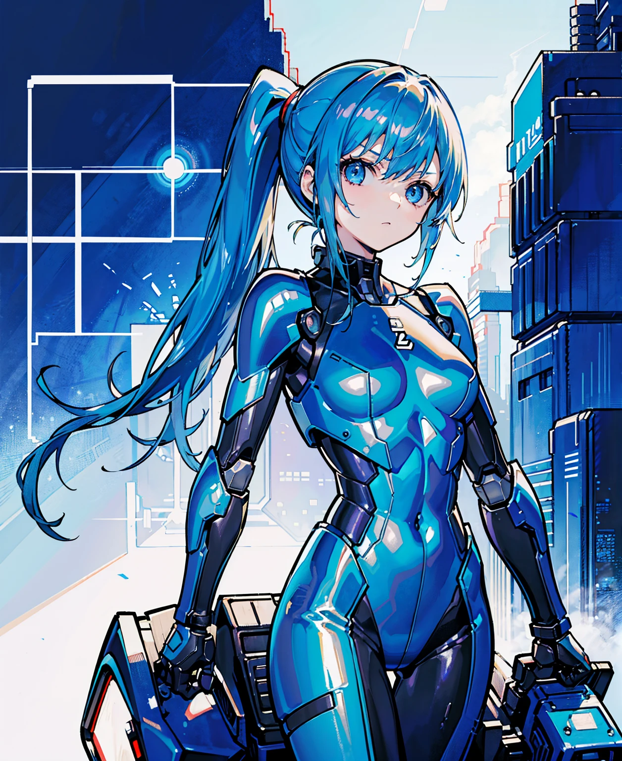 Blue Hair、Masterpiece、Best Quality、1 girl、Medium breast、((Album cover))、Light on Face、Slim Body、Blue Costume、Exoskeleton、metal Gear、Cyberpunk Style、ponytail、The Gundam pilot、attention arousal,Ride a fighter