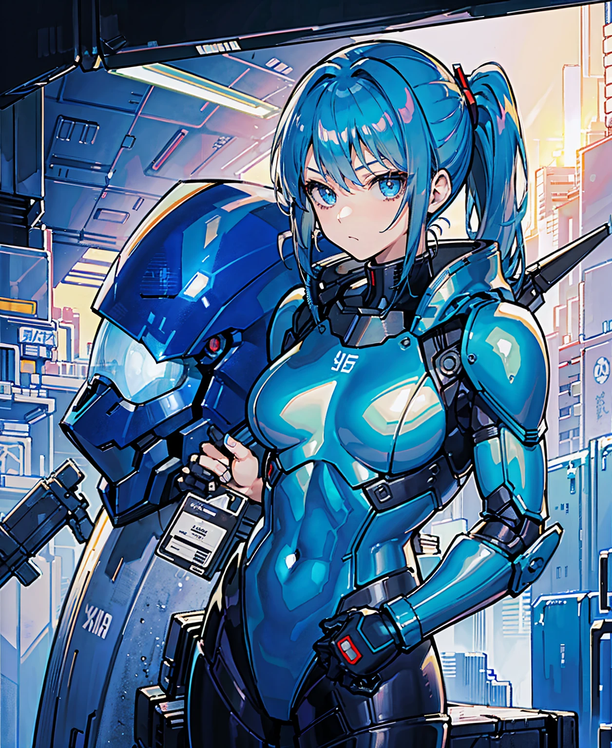 Blue Hair、Masterpiece、Best Quality、1 girl、Medium breast、((Album cover))、Light on Face、Slim Body、Blue Costume、Exoskeleton、metal Gear、Cyberpunk Style、ponytail、The Gundam pilot、attention arousal,Ride a fighter