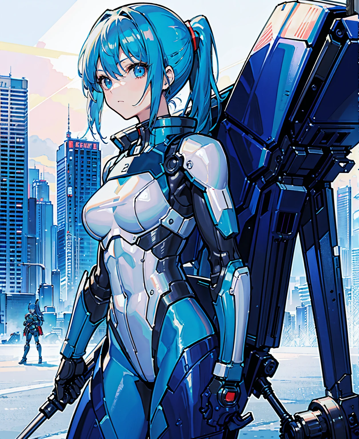 Blue Hair、Masterpiece、Best Quality、1 girl、Medium breast、((Album cover))、Light on Face、Slim Body、Blue Costume、Exoskeleton、metal Gear、Cyberpunk Style、ponytail、The Gundam pilot、attention arousal，Ride a fighter