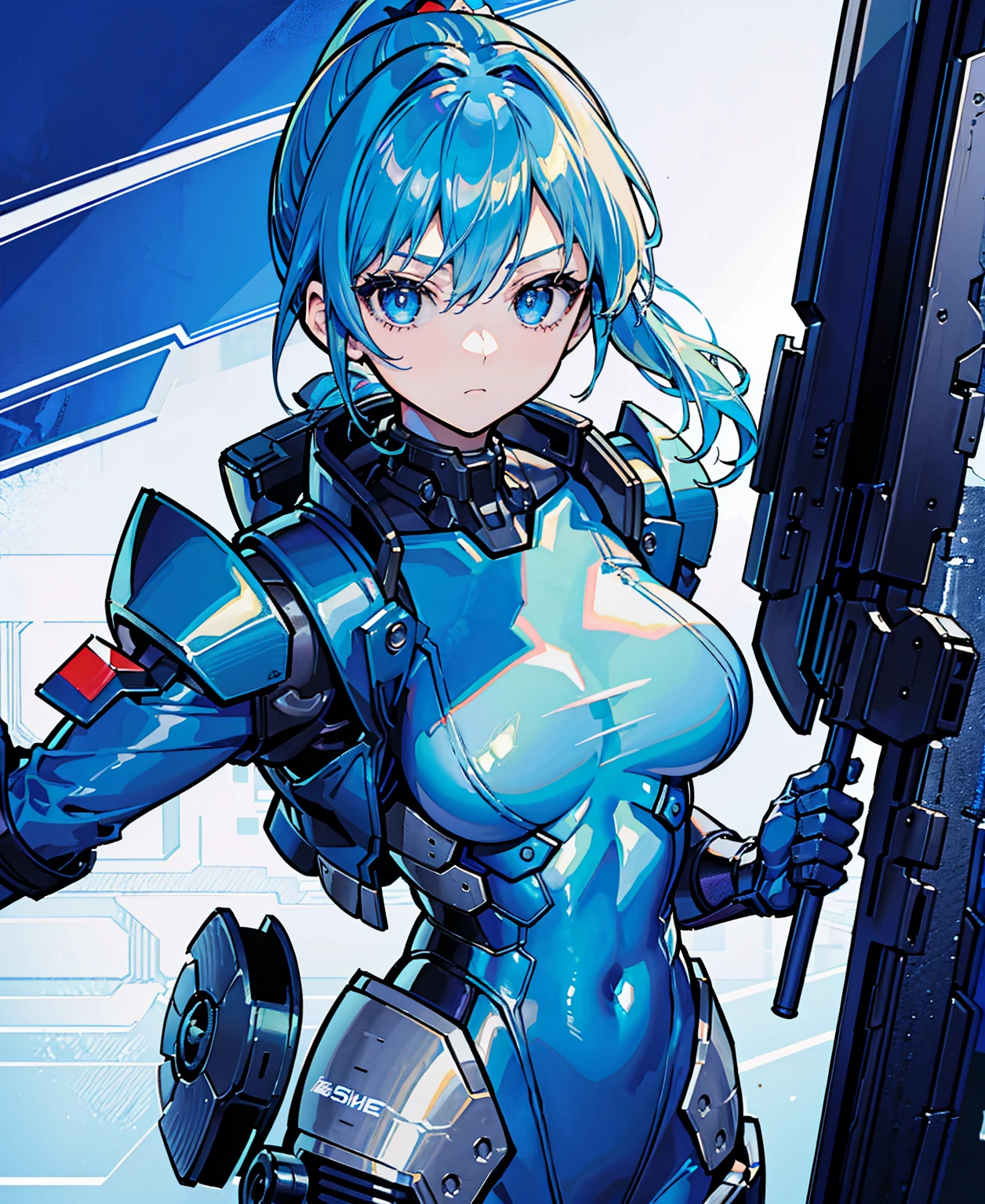 Blue Hair、Masterpiece、Best Quality、1 girl、Medium breast、((Album cover))、Light on Face、Slim Body、Blue Costume、Exoskeleton、metal Gear、Cyberpunk Style、ponytail、The Gundam pilot、attention arousal,Ride a fighter