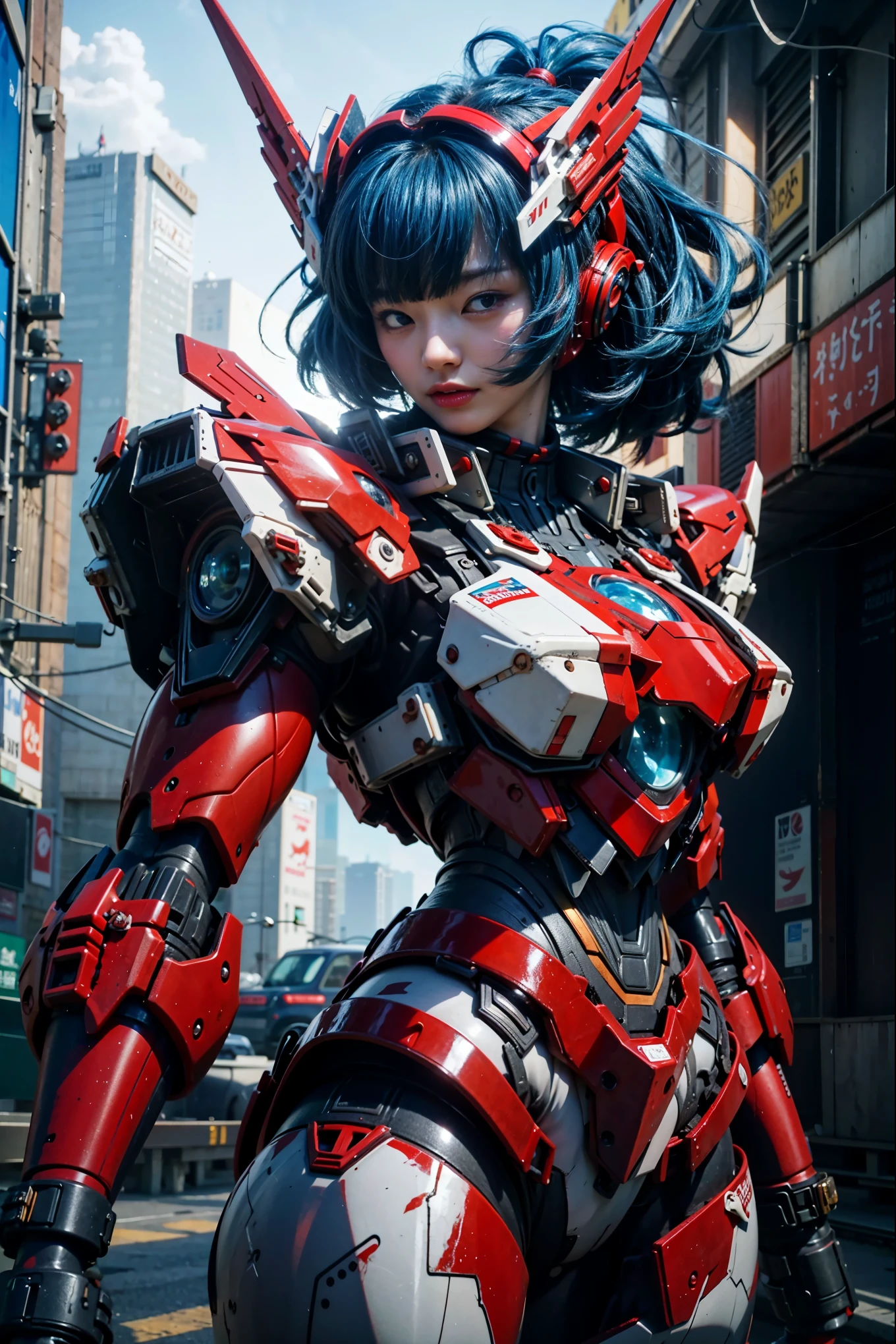 a close up of a woman in a red and white outfit holding a large robot, anime mecha aesthetic, girl in mecha cyber armor, streamlined red armor, armor girl, mecha asthetic, anime robotic mixed with organic, slick red armor, cyberpunk anime girl mech, detailed anime artwork, mechanized valkyrie girl, female mecha, blue hair, long back hair