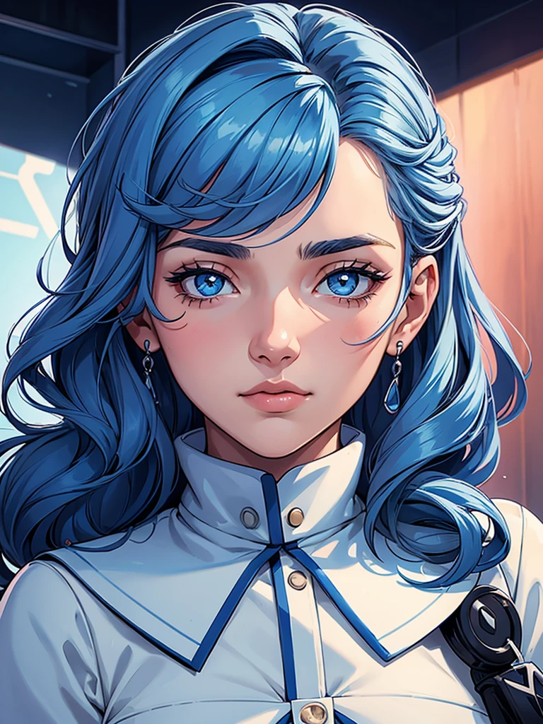 (1girl), masterpiece, best quality, super fine illustration, an extremely cute , highly detailed beautiful face, looking at viewer, 1girl, belt, closeup, looking at viewer, 4k, high res, ribbon, A imagem apresenta um personagem feminino de anime com cabelo longo e loiro, usando um uniforme escolar azul e branco. The character is looking directly at the camera with a soft gaze and calm expression. Busto grande,cabelos loiros,olhos rosados,A imagem tem um estilo de desenho animado e uma paleta de cores suave, criando uma atmosfera tranquila e contemplativa.