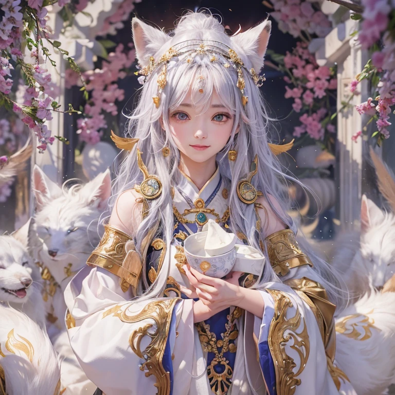 Hiding in an ancient shrine、Hair Flow、 ((highest quality、masterpiece、8k、Best image quality、Ultra-high resolution、Award-winning works)、(Accurate anatomy:1.1)、(Look at me and smile:1.1)、Shining fair skin with Ultra-high resolution、The most detailed face、Ultra-high resolution detailed face、Ultra-high resolutionの髪の毛、(Ultra-high resolutionの煌めく瞳:1.1)、Beautiful face drawn in every detail、(Blurred Background:1.1)、Ancient priestess prayer clothing, Chest to chest, Apart from the white fox