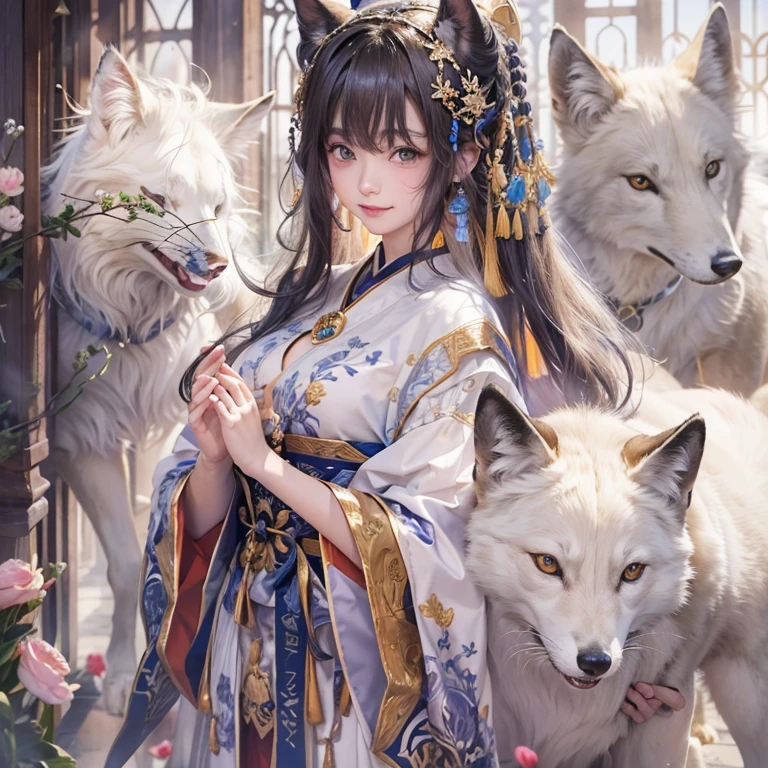 Hiding in an ancient shrine、Hair Flow、 ((highest quality、masterpiece、8k、Best image quality、Ultra-high resolution、Award-winning works)、(Accurate anatomy:1.1)、(Look at me and smile:1.1)、Shining fair skin with Ultra-high resolution、The most detailed face、Ultra-high resolution detailed face、Ultra-high resolutionの髪の毛、(Ultra-high resolutionの煌めく瞳:1.1)、Beautiful face drawn in every detail、(Blurred Background:1.1)、Ancient priestess prayer clothing, Chest to chest, Apart from the white fox