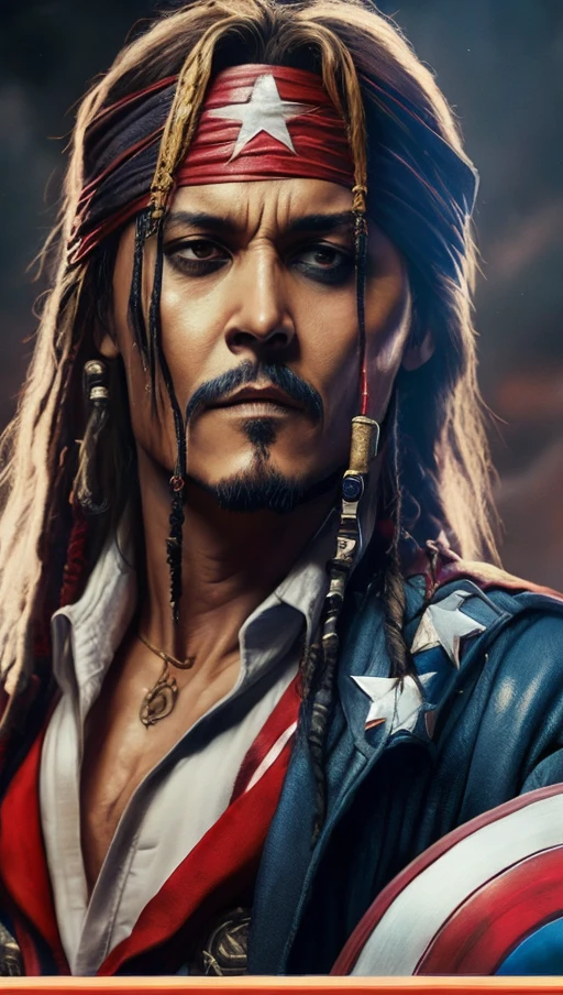 . Tarantino style johnny depp jack sparrow as Captain America 8k, high definition, detailed face, detailed face, detailed eyes, detailed suit, in style of marvel and dc, hyper-realistic, + cinematic shot + dynamic composition, incredibly detailed, sharpen, details + superb details + evening with light + perfectionism + award winning realism ((moody lighting))