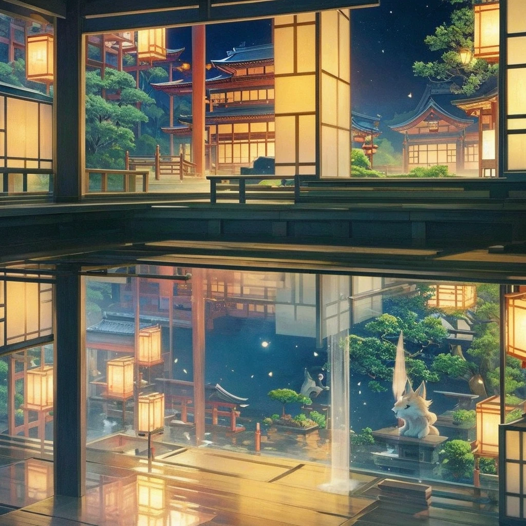 fox, no human, japanese temple, temple, happy, glad, Japanese style room, Heartwarming Scene, at night, cute, UwU, beautiful, hazy atmosphere, reflective atmosphere, dreamy atmosphere, mystical atmosphere, mysterious atmosphere, calm atmosphere, chill atmosphere, nostalgic atmosphere, romantic atmosphere, romantic academia, vibrant academia, moonlight, fox shadow puppet, --c 100