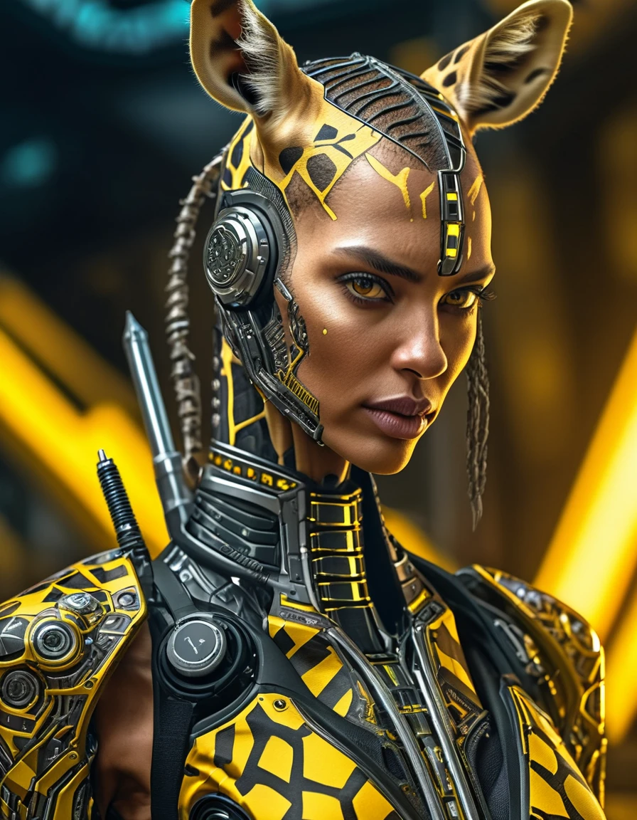 woman dress in (giraffe pattern ) yellow and black outfit,sword,beautiful cyberpunk woman,cyberpunk angry gorgeous goddess,beautiful cyborg girl ,hyper realistic,intricate details,cinematic lighting,vibrant colors,award winning,stunning,masterpiece
