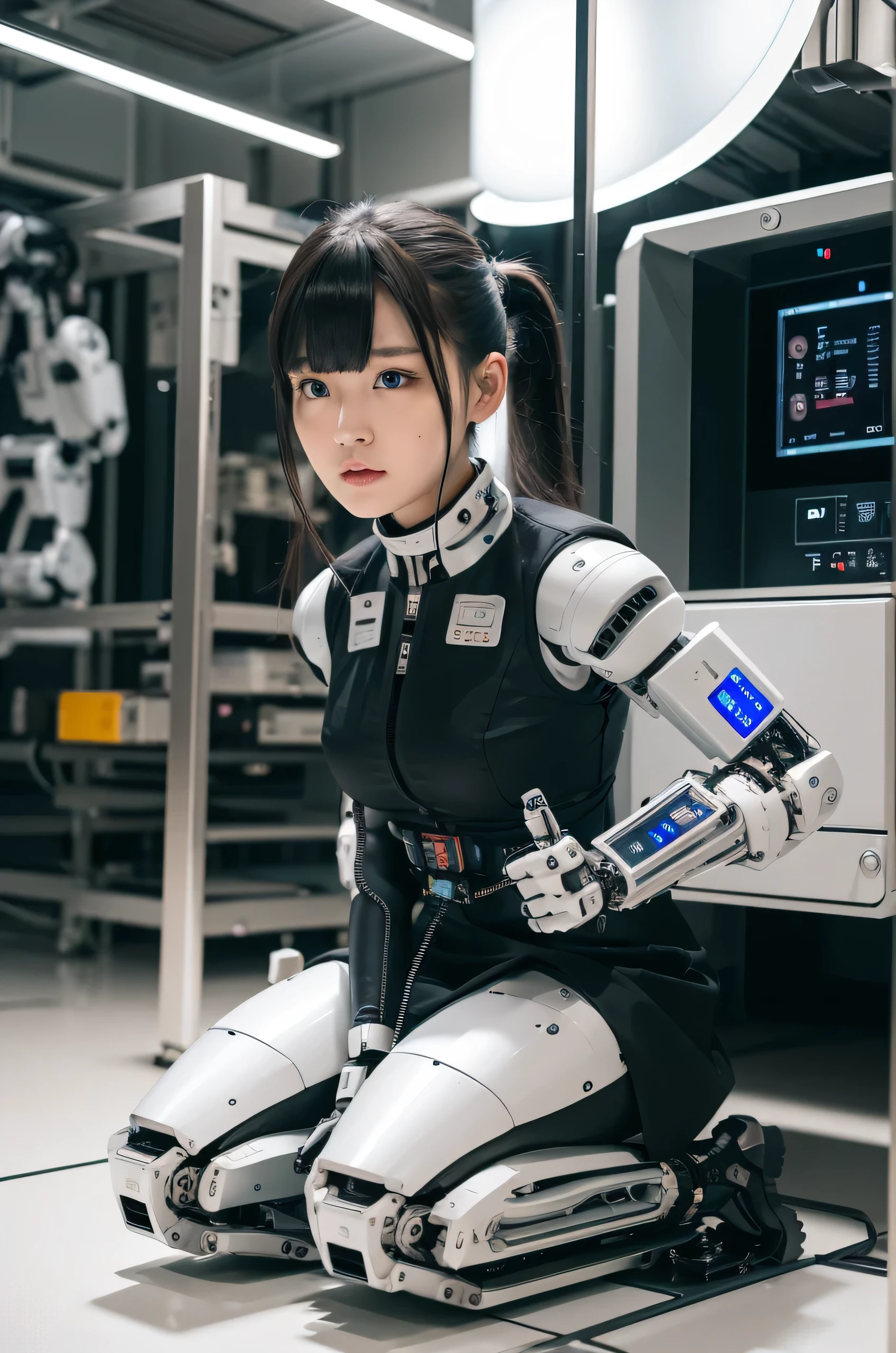 masterpiece, best quality, extremely detailed, Japaese Cyborg Girl,Plump , control panels,android,Droid,Mechanical Hand, ,clothes with a sense of mechanical technology, Robot arms and legs, Black Robot Parts,Black hair,Mechanical body,dress shirt,long vest,Blunt bangs,White abdomen,White robotics parts,perfect robot woman,future laboratory,cyber pank,charging spot,laboratory,long tube,thick cable connected her neck,kneel on the floor,bowing,ceramic body ,mechanical body,blue eyes,android,robot humanoid
