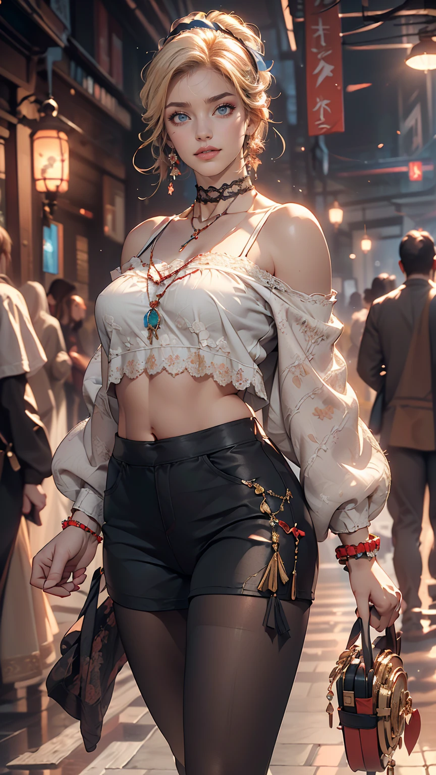 (8k, RAW Photos, highest quality, masterpiece:1.2), (Realistic, photo-Realistic:1.37)、Earrings, eyelash, pantyhose、セクシーな刺激的なsmile、 (Shiny skin:1.05)、Fashion model body type、Style your hair、Her breasts are sticking out、Wear accessories on your wrist、Wear accessories on your ankles、Background Blur((Depth of written boundary)、smile、White woman、Platinum Blonde、blue eyes、One-sided vertical roll((Side Drill))、Wear an off-the-shoulder top with lace、You can see the milk underneath、I can see my belly button、Wear low rise leggings、Wear mules、smile、hair band((Hair Ribbon))、Wear a lace choker