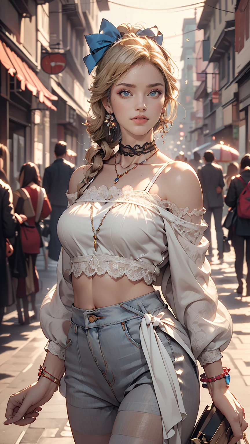 (8K, RAW Photos, highest quality, masterpiece:1.2), (Realistic, photo-Realistic:1.37)、Earrings, eyelash, pantyhose、セクシーな刺激的なsmile、 (Shiny skin:1.05)、Venus Body、Having her hair done、My chest is popping out、Wear accessories on your wrist、Wearing accessories on the ankle、Background blur((depth of field)、smile、23 year old white female、Silver Hair、long hair、blue eyes、Wear off-the-shoulder tops、Cleavage Emphasis、Wear an A-line micro mini flared skirt、Have a clutch bag、Chest pop、垂れ方がRealistic乳房