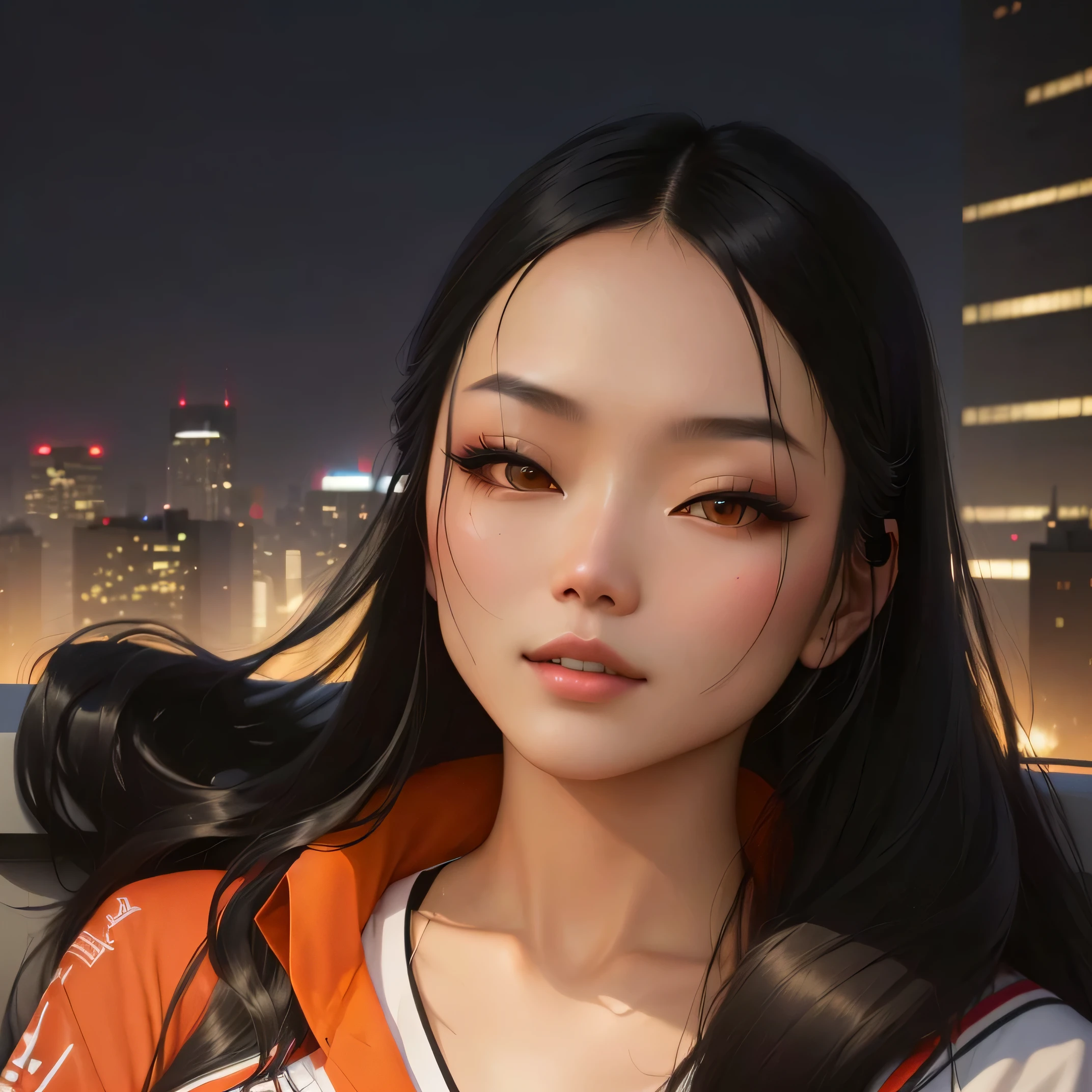 woman with long black hair sitting in front of a city skyline, mai anh tran, natasha tan maciej kuciara, nivanh chanthara, wenfei ye, katherine lam, gemma chen, louise zhang, ren heng, basia tran, qiu fang, 2 7 years old, kamwei fong, 2 8 years old