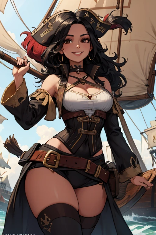 A black haired woman with brown eyes with an hourglass figure in a pirate's outfit is walking onto a pirate ship with a  big smile