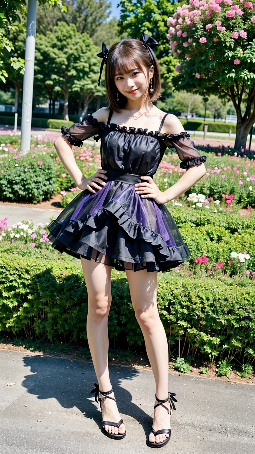 (8k、RAW Photos、highest quality、masterpiece:1.2)、(Realistic、Realistic)、1 girl、((mini skirt、Purple and black、Frills、Off the shoulder、See-through、Sandals、Arm Covers、ribbon、smile、garden、View from the front、smile、Standing with hands on hips))、