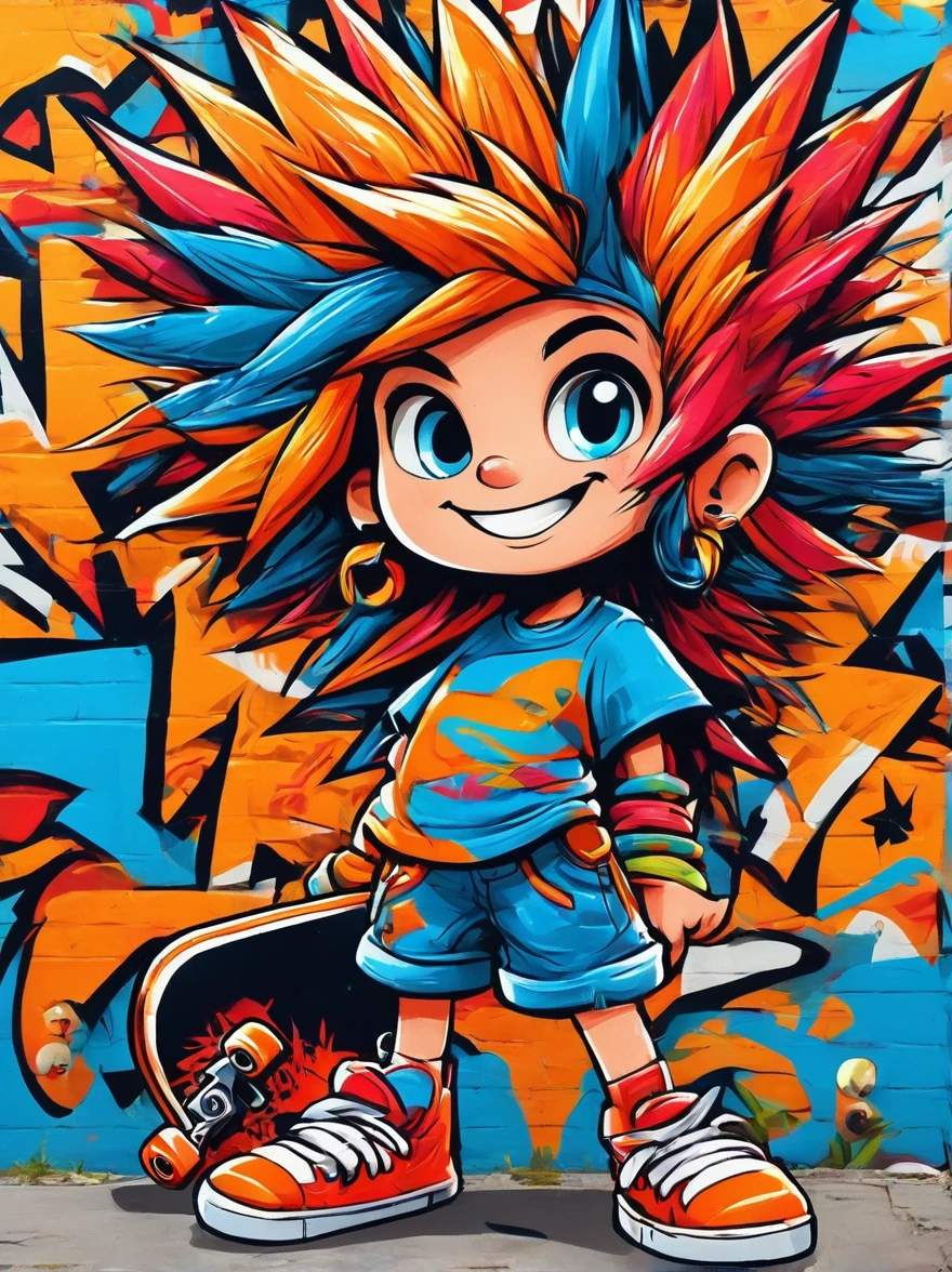 A cartoon doodle girl，Vector illustratioughty  girl，With spiky, brightly colored hair，Unique and wild style，It's easy to identify，Wearing orange T-shirt、Blue shorts and red shoes, She often has a mischievous smile，And stir up trouble in the nameless town, She was known for her skateboarding skills and nonchalant attitude, Standing in front of a graffiti style background，Adds whimsy to the scene。