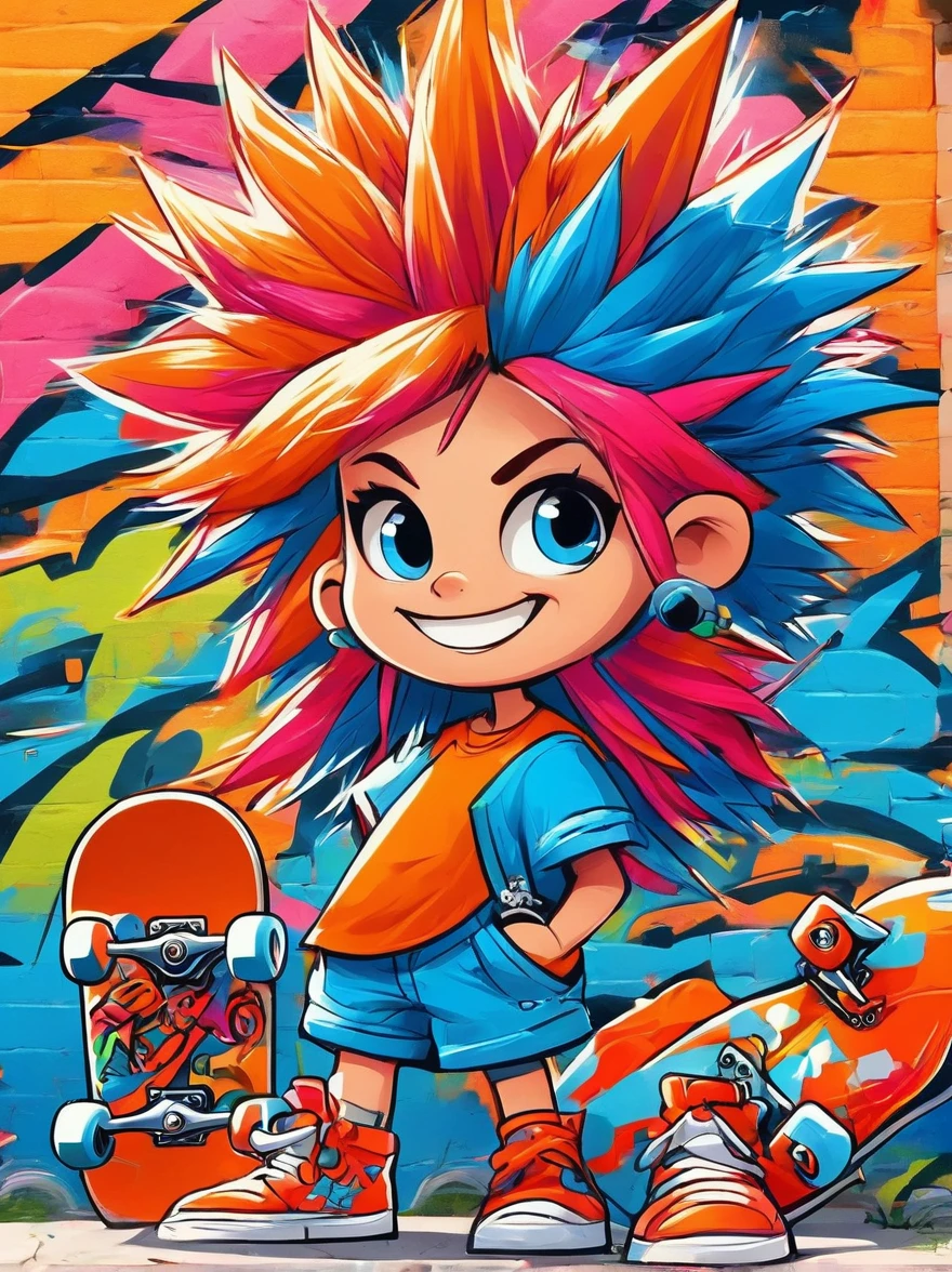A cartoon doodle girl，Vector illustratioughty little girl，With spiky, brightly colored hair，Unique and wild style，It's easy to identify，Wearing orange T-shirt、Blue shorts and red shoes, She often has a mischievous smile，And stir up trouble in the nameless town, She was known for her skateboarding skills and nonchalant attitude, Standing in front of a graffiti style background，Adds whimsy to the scene。