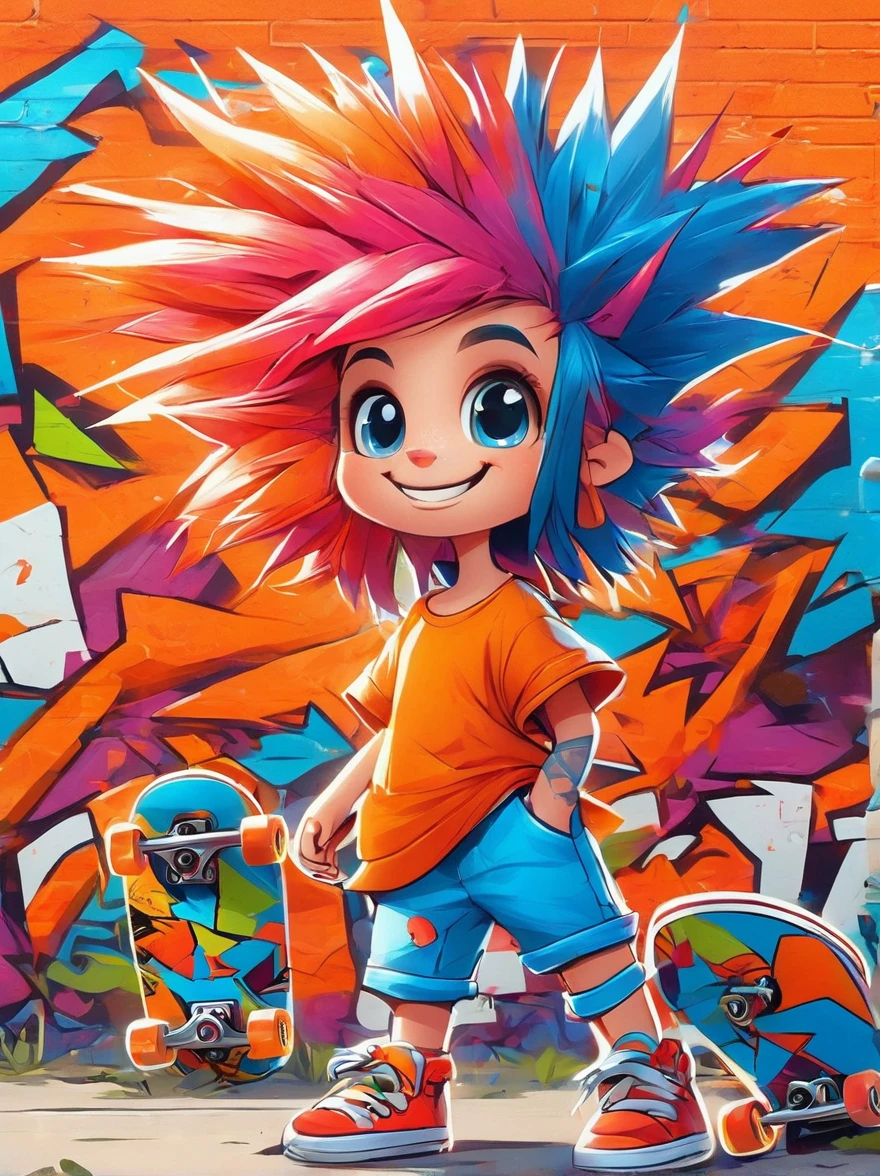 A cartoon doodle girl，Vector illustratioughty little girl，With spiky, brightly colored hair，Unique and wild style，It's easy to identify，Wearing orange T-shirt、Blue shorts and red shoes, She often has a mischievous smile，And stir up trouble in the nameless town, She was known for her skateboarding skills and nonchalant attitude, Standing in front of a graffiti style background，Adds whimsy to the scene。