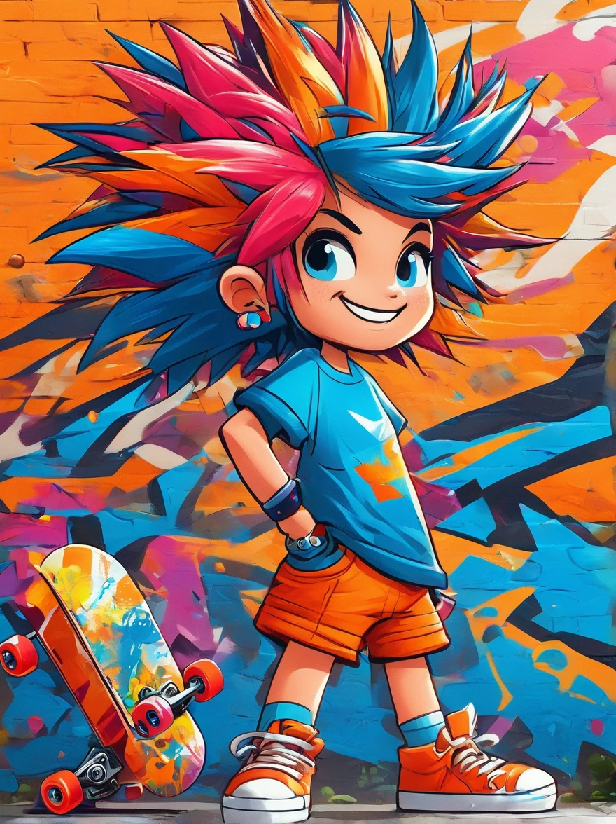 A cartoon doodle girl，Vector illustratioughty ***********，With spiky, brightly colored hair，Unique and wild style，It's easy to identify，Wearing orange T-shirt、Blue shorts and red shoes, She often has a mischievous smile，And stir up trouble in the nameless town, She was known for her skateboarding skills and nonchalant attitude, Standing in front of a graffiti style background，Adds whimsy to the scene。