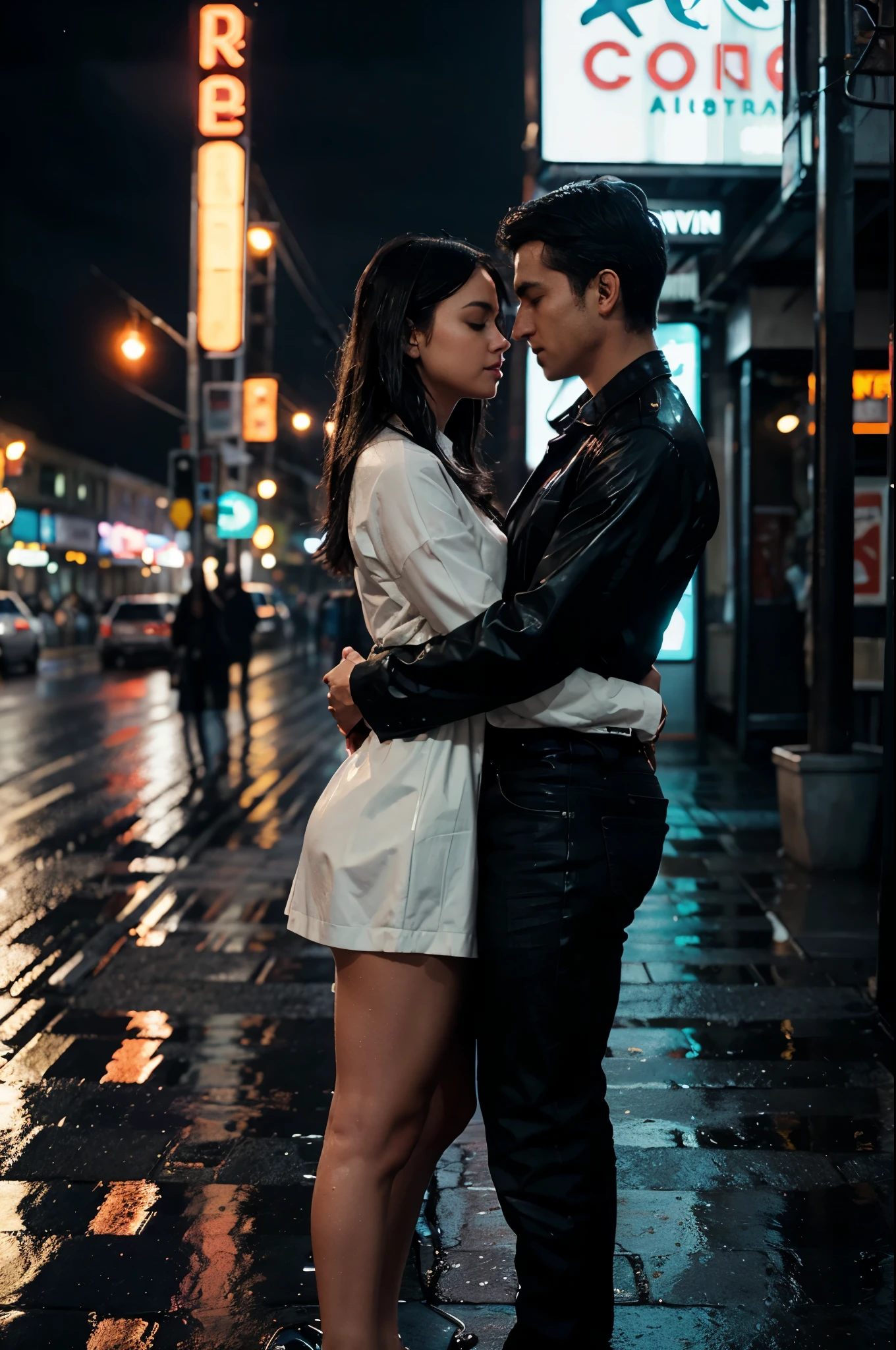 To generate an image like the one you provided using an AI art generator, you could use a prompt similar to this: ``` A cinematic scene of a couple standing close together under the rain at night in a neon-lit city. The couple is in a tender moment, with their foreheads touching and their eyes closed. The background shows blurred city lights and wet streets reflecting the neon signs. The atmosphere is moody and romantic, with raindrops falling around them. High detail, realistic lighting, and soft focus. ``` Adjust the prompt according to the specifics of the AI tool you are using, as different tools might have different requirements for prompt structure.