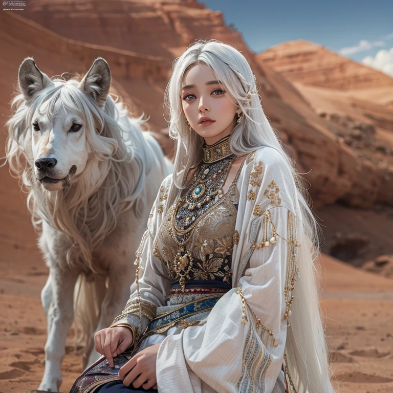 (highest quality、masterpiece、8k、Best image quality、Ultra-high resolution、Award-winning works)、A beautiful white-haired woman watches over us from afar in the desert..., Where the moonlight shines.、Ancient Islamic clothing、Beautiful face drawn in every detail, There'There'There'There's a real wolf next to her