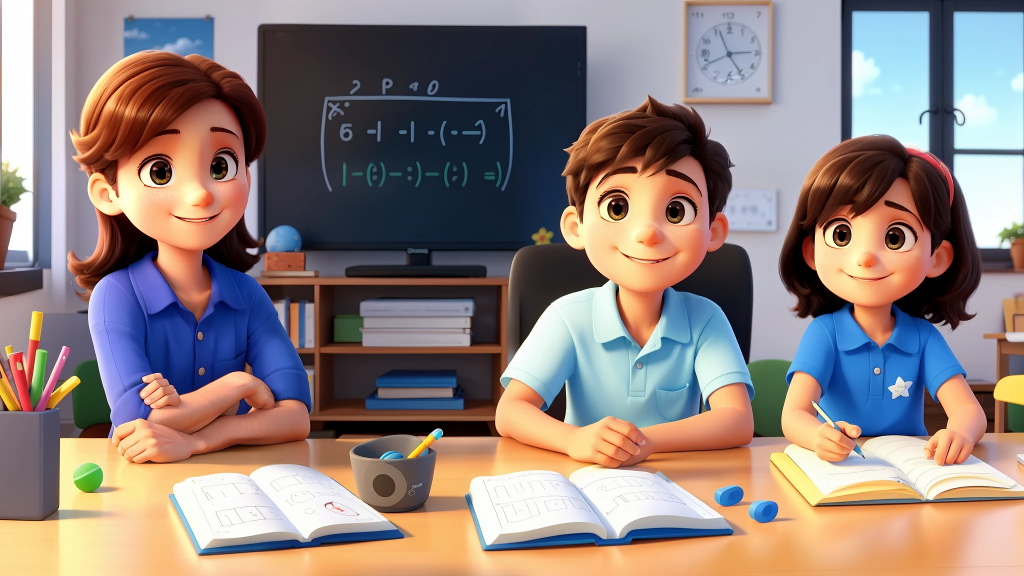 A very happy father and mother watch their six-year-old children solve math problems in a book. The environment is completely blank, com 8K luminosidade e clareza. A foto possui a qualidade de uma capa de filme, giving a high quality impression. Os olhos dos pais brilham de felicidade, reflecting the satisfaction of watching your children happy and active, enthusiastically learning through complex mathematical problems. A foto possui uma atmosfera de felic