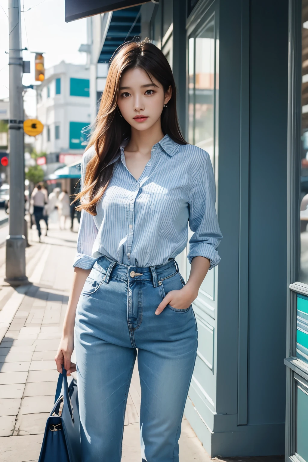A woman is standing outside the store window with her hands on her hips., wearing a light blue striped shirt, jean, ( ( ( jeanpants를 입고 ) ) ), Pale blue outfit, pants, trendy clothes, wearing elegant casual clothes, Pale blue, Wearing a linen shirt, jean pants, jeans pants, pastel, detailed image, 셔츠와 jeanpants를 입고, pastel blue