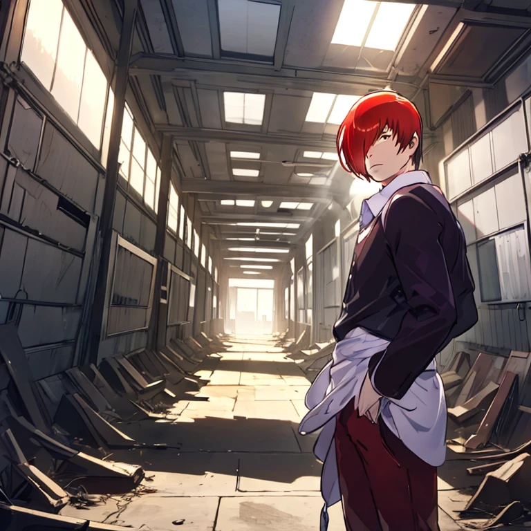 One boy,Hair on one eye,Redhead,short hair,Purple Flame,Fantasy World,isekai,In an abandoned factory