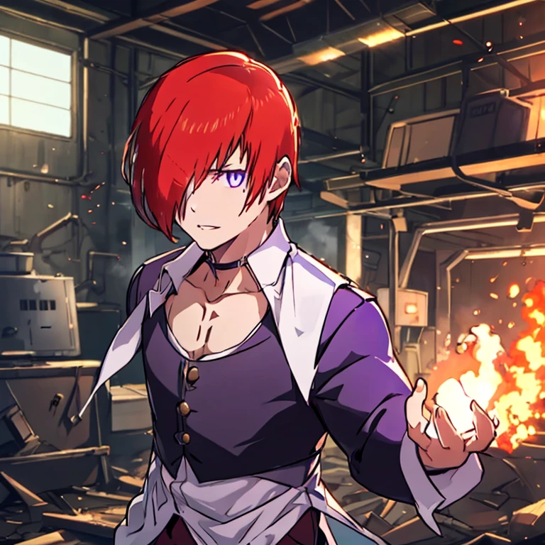 One boy,Hair on one eye,Redhead,short hair,Purple Flame,Fantasy World,isekai,In an abandoned factory