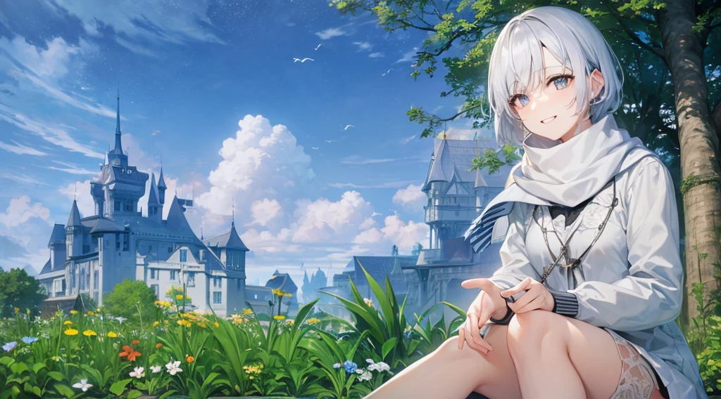 とてもShort Hair, Long bangs between the eyes, Grey Eyes , Very detailed,(masterpiece、highest quality)、alone、Gray Hair、Fantasy, Silver Hair, black eye, Beautiful Eyes,, Ecstasy, charm, attract the audience, Fantasyな風景、White shirt、smile、Open your mouth、Scarf、short hair、Short Hair、Flower Field