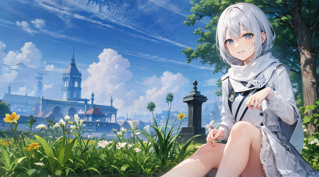  とてもShort Hair, Long bangs between the eyes, Grey Eyes , Very detailed,(masterpiece、highest quality)、alone、Gray Hair、Fantasy, Silver Hair, black eye, Beautiful Eyes,, Ecstasy, charm, attract the audience, Fantasyな風景、White shirt、smile、Open your mouth、Scarf、short hair、Short Hair、Flower Field