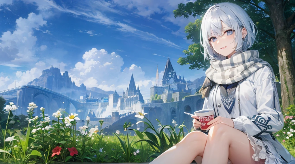  とてもShort Hair, Long bangs between the eyes, Grey Eyes , Very detailed,(masterpiece、highest quality)、alone、Gray Hair、Fantasy, Silver Hair, black eye, Beautiful Eyes,, Ecstasy, charm, attract the audience, Fantasyな風景、White shirt、smile、Open your mouth、Scarf、short hair、Short Hair、Flower Field