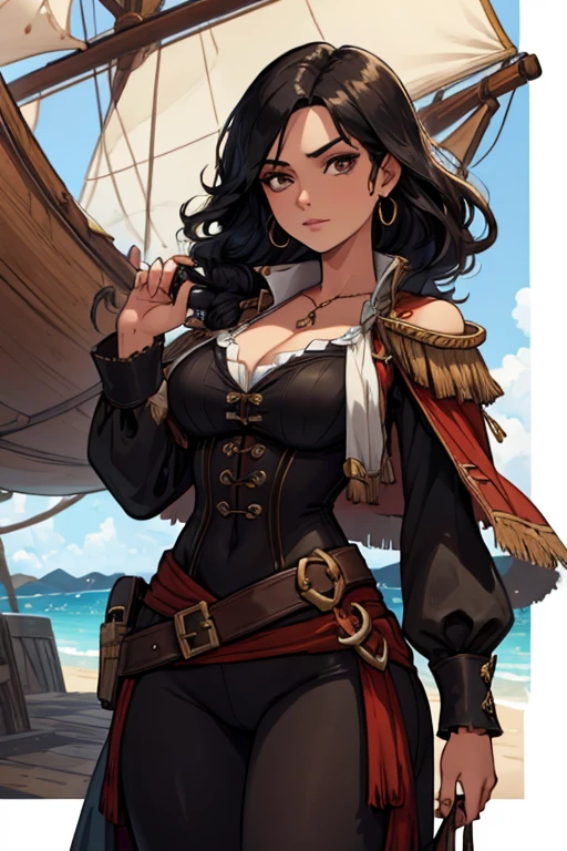 A black haired woman with brown eyes with an hourglass figure in a pirate's outfit is watching the stars on a pirate ship