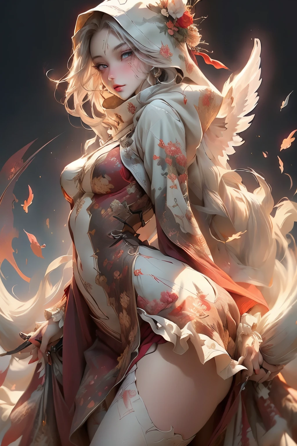 ((best quality)), ((masterpiece)), (detailed), perfect face, ((best quality)), ((masterpiece)), (detailed), perfect face(Golden ratio:1.2),(Fault color:1.3),[(White background:1.4)::10], (full bodyesbian:1.2),(Ultra-detailed:1.3), (Paper:1.2)（white color background） (colorful ink paper flower grow on the face:1.2), teens girl，White hair，Red glowing eyes, sportrait, photorealestic,（（（Red and white trench coat））），（Red scarf)，a black pleated skirt，black t-shirts，longer sleeves，（（With a hood）），((Multiple pairs of angel wings))，side-lighting, the wallpaper, NSFW, Depicting female characters from ethereal anime in a high-quality anime art style，，，8K，Red and white shoes with a sense of technology，(chaotic geometric images:1.3),(nagative space:0.8),(Drawing board:1.3), (ether colorful ink flowing:1.3), a knight, white background, plain background, Bloodborne inspired, tatty Bloodborne attire, occult aesthetic, occult, tatty red and white clothing detailed and intricate steampunk and detailed gothic lolita (with a hood), long coat, Complex laced boots, Fluttering lace flared long knee length dress with frilly petticoats, long dress, knee length dress, pleated petticoats, lolita dress, petticoats gothic lolita, beautiful small breasts, (((( Highly detailed face))), small thin nose, Small thin lips mouth, (((Very sharp focused eyes))), Very large slit precision pale grey eyes that shine like jewels. very long eyelashes, Silver hair swaying in the wind, Emitting a dazzling light in a mandala pattern, white background, Very dramatic and cinematic lighting, tatty damaged old red and white clothing, full body, whole body, body, cosmic horror, grim dark