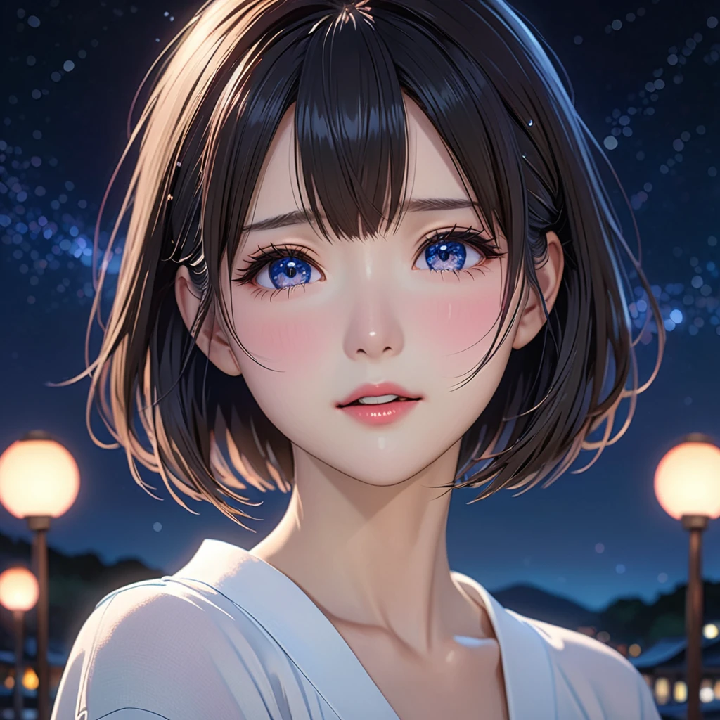 National Science Foundation,masterpiece,High resolution,8K,Art,digit,Three-dimensional,Realism,Kyoto Animation Style,your name movie style,Facing the camera,night,midnight,Light,(1 female: 1.3),(alone: 1.4),(Gorgeous,閃閃發Light的晚禮服),Long eyelashes,Long thin legs,Short Bob,Sexy pose,Close-up of upper body,Close-up,close view,night星空,Eyes as deep as the starry sky,Blushed,shy,shy,open mouth,(Tearing up)