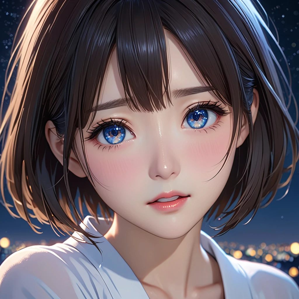 National Science Foundation,masterpiece,High resolution,8K,Art,digit,Three-dimensional,Realism,Kyoto Animation Style,your name movie style,Facing the camera,night,midnight,Light,(1 female: 1.3),(alone: 1.4),(Gorgeous,閃閃發Light的晚禮服),Long eyelashes,Long thin legs,Short Bob,Sexy pose,Close-up of upper body,Close-up,close view,night星空,Eyes as deep as the starry sky,Blushed,shy,shy,open mouth,(Tearing up)
