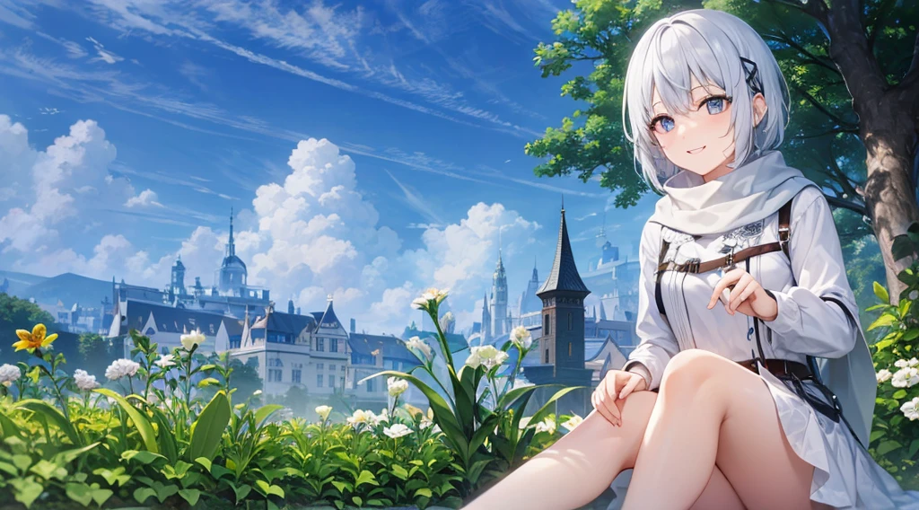 とてもShort Hair, Long bangs between the eyes, Grey Eyes , Very detailed,(masterpiece、highest quality)、alone、Gray Hair、Fantasy, Silver Hair, black eye, Beautiful Eyes,, Ecstasy, charm, attract the audience, Fantasyな風景、White shirt、smile、Open your mouth、Scarf、short hair、Short Hair、Flower Field、hairpin