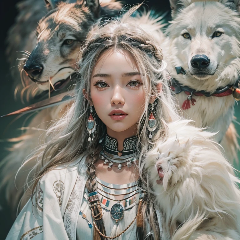 Shirakami-Sanchi、Hair flow、 ((highest quality、masterpiece、8k、Best image quality、Ultra-high resolution、Award-winning works)、(Accurate anatomy:1.1)、(Look at me and smile:1.1)、Shining fair skin with Ultra-high resolution、The most detailed face、Ultra-high resolution detailed face、Ultra-high resolutionの髪の毛、(Ultra-high resolutionの煌めく瞳:1.1)、Beautiful face drawn in every detail、(Blurred Background:1.1)、Native American white costume, American Indian Clothing, Chest to chest, tattoo、A real giant condor next to you。Observe the white wolf
