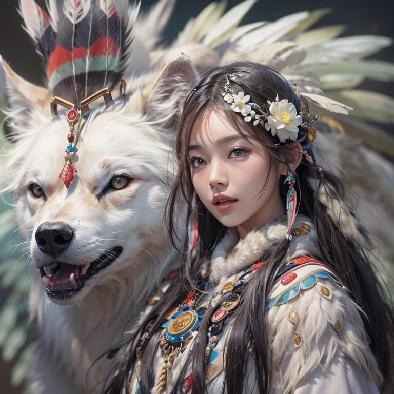 Shirakami-Sanchi、Hair flow、 ((highest quality、masterpiece、8k、Best image quality、Ultra-high resolution、Award-winning works)、(Accurate ???????:1.1)、(Look at me and smile:1.1)、Shining fair skin with Ultra-high resolution、The most detailed face、Ultra-high resolution detailed face、Ultra-high resolutionの髪の毛、(Ultra-high resolutionの煌めく瞳:1.1)、Beautiful face drawn in every detail、(Blurred Background:1.1)、Native American white costume, American Indian Clothing, Chest to chest, tattoo、A real giant condor next to you。Observe the white wolf
