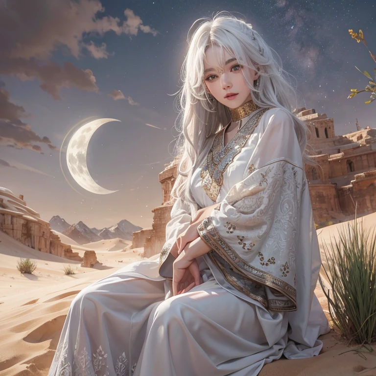 (highest quality、masterpiece、8k、Best image quality、Ultra-high resolution、Award-winning works)、A beautiful white-haired woman watches over us from afar in the desert., Where the moonlight shines.、Ancient Islamic clothing、Beautiful face drawn in every detail