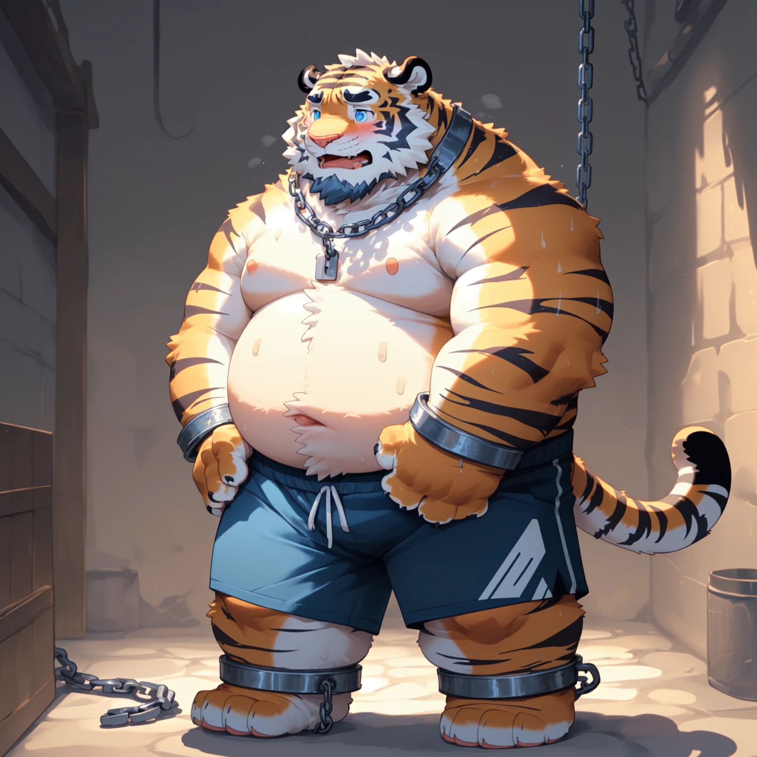 New Jersey 5 Furry,tiger，solitary，Chubby，fat，Thick arms，Strong muscles，shorts，Plush，Chubby脸，Black eyebrows，Sky blue eyes，beard，（Gloomy basement），（topless，shorts），((四肢被shackles锁住，(((shackles))),chain，Limbs locked tightly))，(((被chain挂在墙上，hang up)))，(collar)，(((The mouth is blocked)))，（blush），（sweat）