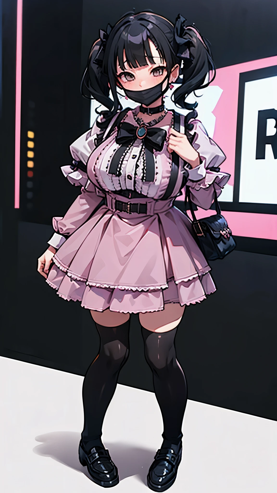 (8k、Best image quality、highest quality、masterpiece)、Detailed face、One Girl、Black Hair、((Twin tails))、Blunt bangs、short hair、Wavy Hair、Grey Eyes、Earrings、Wicked Smile、Grin、mask_Pull、Colossal breasts、((Pink clothes))、Frills、Black Ribbon、Black mini skirt、Frills、jirai kei attire、Cowboy Shot、Night downtown background、Black knee-highs、Absolute area、Low - Angle、Loafers with thick soles