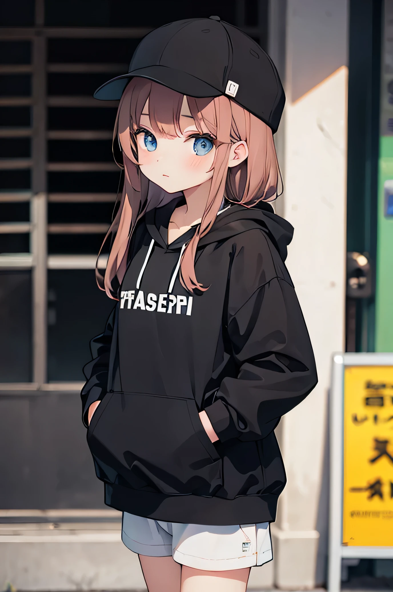 Wearing a black cap、Young、Light redhead girl、Wearing a stylish black hoodie