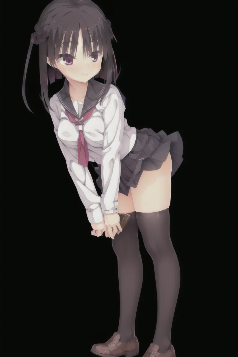 1girl,solo,looking_at_viewer,blush,smile,short_hair,bangs,skirt,black_hair,thighhighs,long_sleeves,closed_mouth,school_uniform,purple_eyes,full_body,pleated_skirt,shoes,serafuku,black_thighhighs,sailor_collar,zettai_ryouiki,neckerchief,hand_on_hip,brown_footwear,white_skirt,loafers,red_neckerchief,expensive_solve, clear_image, expensive_Contrast, 8k, Sparkling, beautiful_detailed_face_and_eye, (Black Hair:1.25), 白 eye,Black background