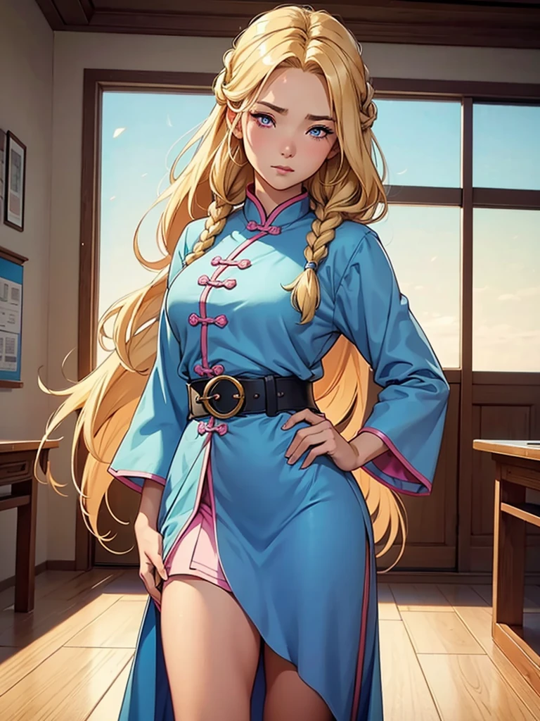 (1girl), masterpiece, best quality, super fine illustration, an extremely cute, highly detailed beautiful face looking at the viewer, 1girl, belt, close-up, looking at the viewer, 4k, high resolution, full body, The image features a female character with long blonde hair, wearing braids, wearing a blue and white . The character looks directly at the camera with a soft gaze and calm expression. Big bust,blonde hair,pink eyes,The image has a cartoon style and a soft color palette, creating a calm and contemplative atmosphere. Scenario in front of everyone in the classroom, introducing himself,Wearing traditional Chinese uniform