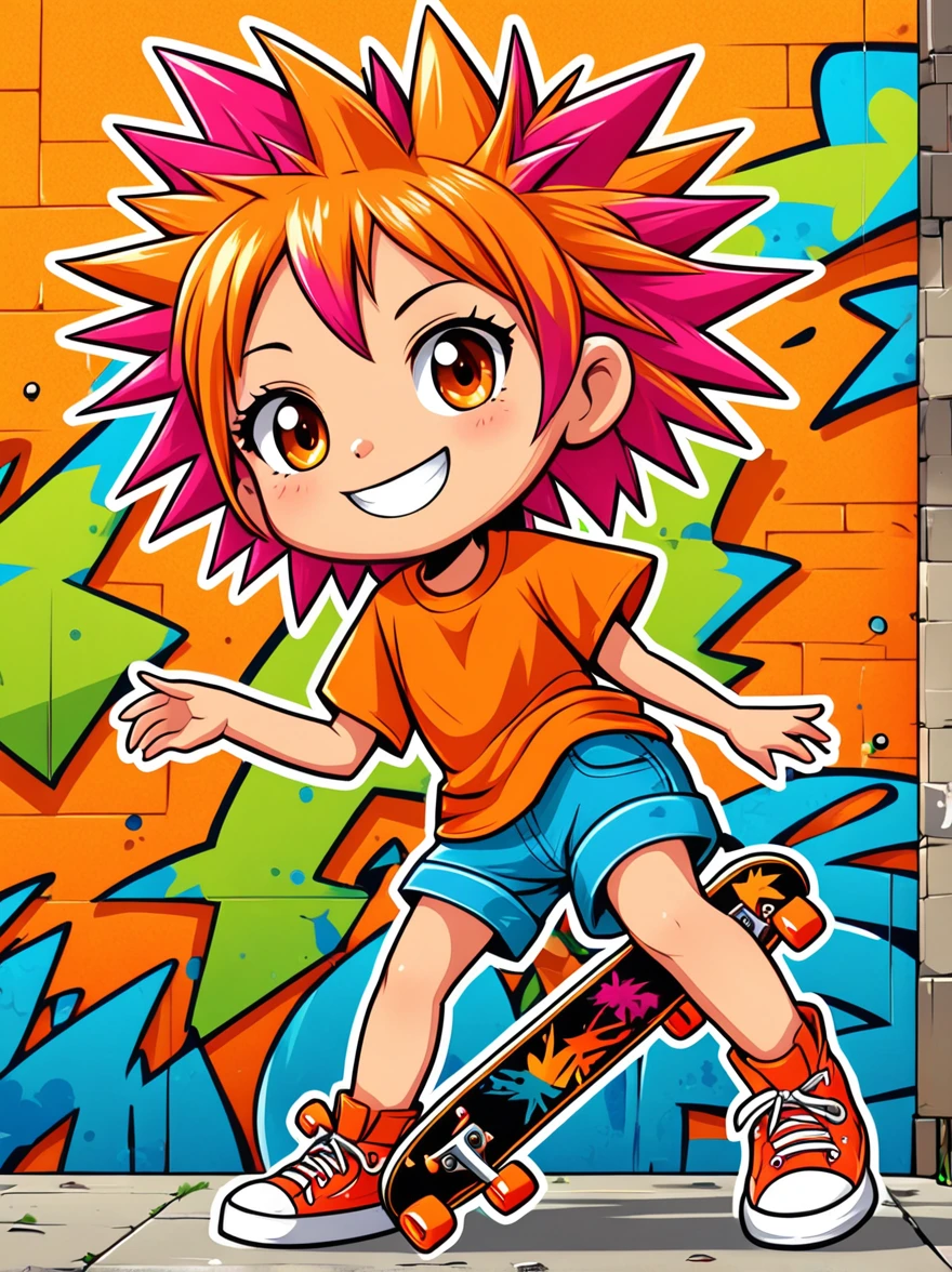 A cartoon doodle character,Vector illustration,A sweet and lovely ,With spiky, brightly colored hair,Unique and wild style,Wearing orange T-shirt,Blue shorts and red shoes, She often has a mischievous smile,And stir up trouble in the nameless town, She was known for her skateboarding skills and nonchalant attitude, Standing in front of a graffiti style background,Adds whimsy to the scene
