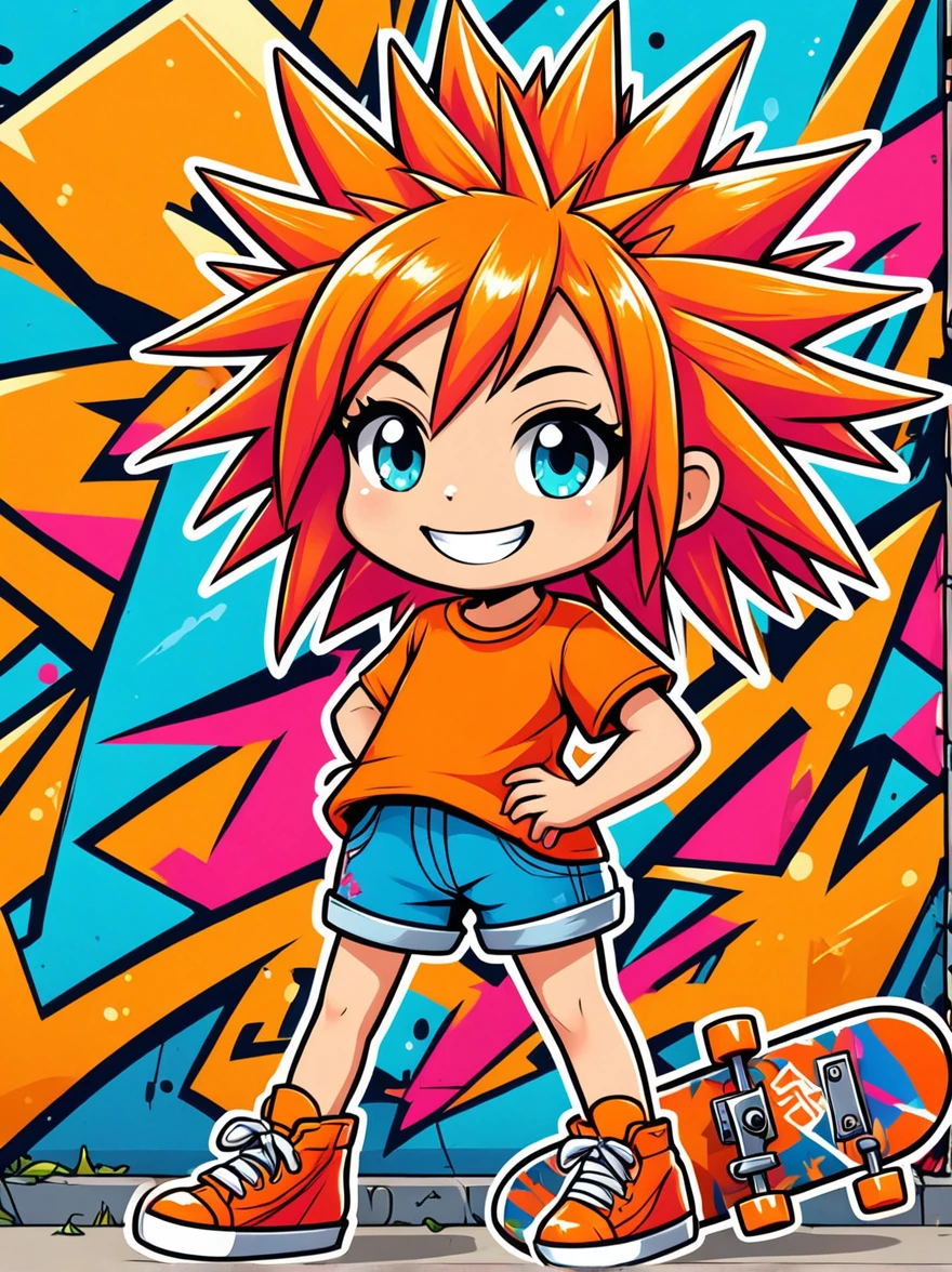 A cartoon doodle character,Vector illustration,A sweet and lovely little girl,With spiky, brightly colored hair,Unique and wild style,Wearing orange T-shirt,Blue shorts and red shoes, She often has a mischievous smile,And stir up trouble in the nameless town, She was known for her skateboarding skills and nonchalant attitude, Standing in front of a graffiti style background,Adds whimsy to the scene