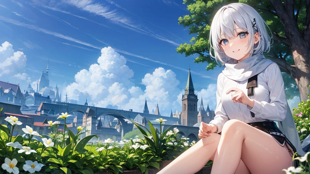 とてもShort Hair, Long bangs between the eyes, Grey Eyes , Very detailed,(masterpiece、highest quality)、alone、Gray Hair、Fantasy, Silver Hair, black eye, Beautiful Eyes,, Ecstasy, charm, attract the audience, Fantasyな風景、White shirt、smile、Open your mouth、Scarf、short hair、Short Hair、Flower Field、hairpin