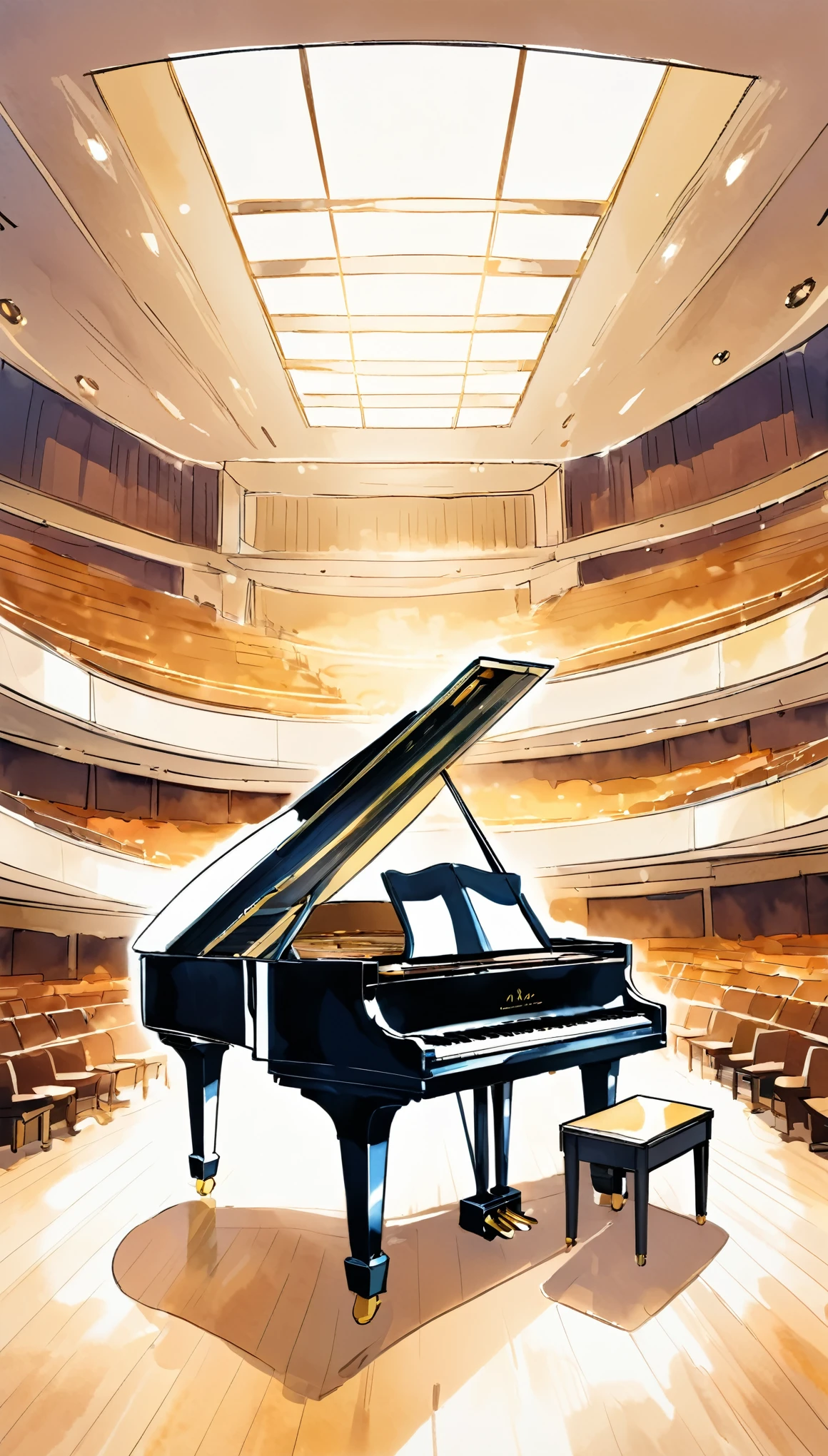no people,piano stage,Suntory Hall、Omitted style,Line drawing sketch,Stylish cut, artistic,Scribble style,Clear, bold, thick outlines,,Rough coloring, watercolor painting,